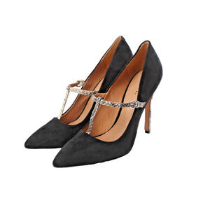 Coach Fulton Black Suede Snake Embossed Leather T-Strap Heels Pumps Size 8.5 B